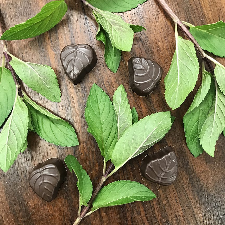 deep mint bonbons with fresh mint