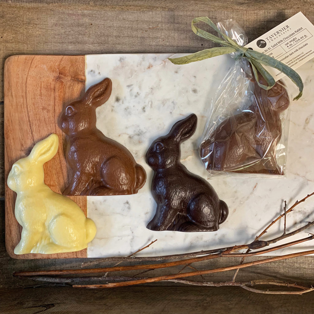 large chocolate rabbits: white, milk, and dark chocolate