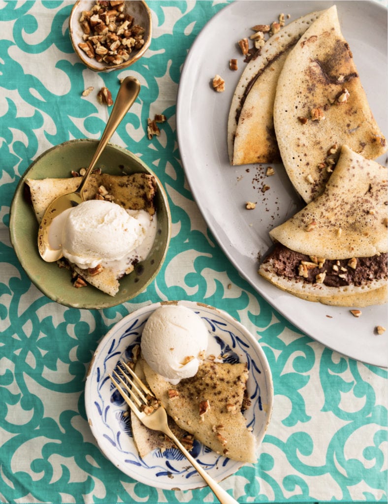 dark chocolate dosa served with vanilla ice cream