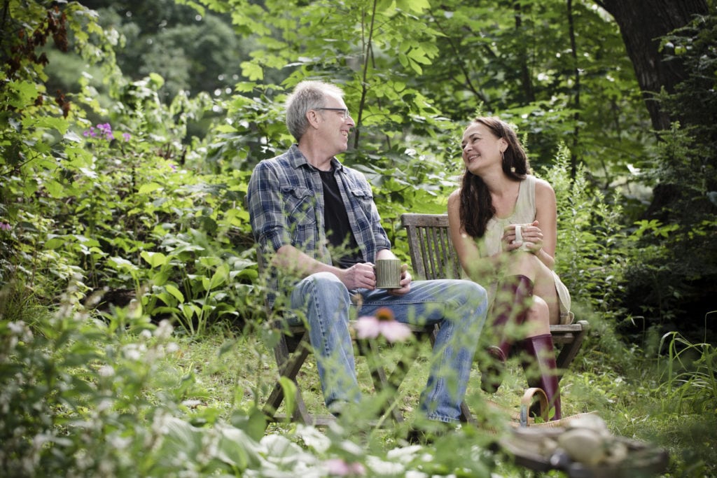 dar and john having morning coffee at the cottage