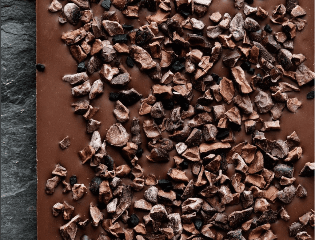 Cacao nibs on a cutting board