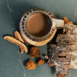 Deep wood mocha sipping chocolate in a ceramic mug. Next to the mug are pieces of bark and wood