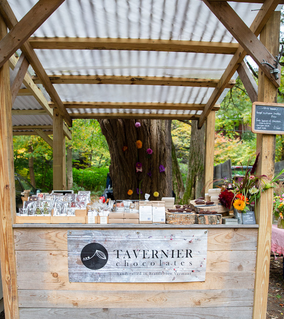 Tavernier's wooden booth at the Brattleboro farmers market