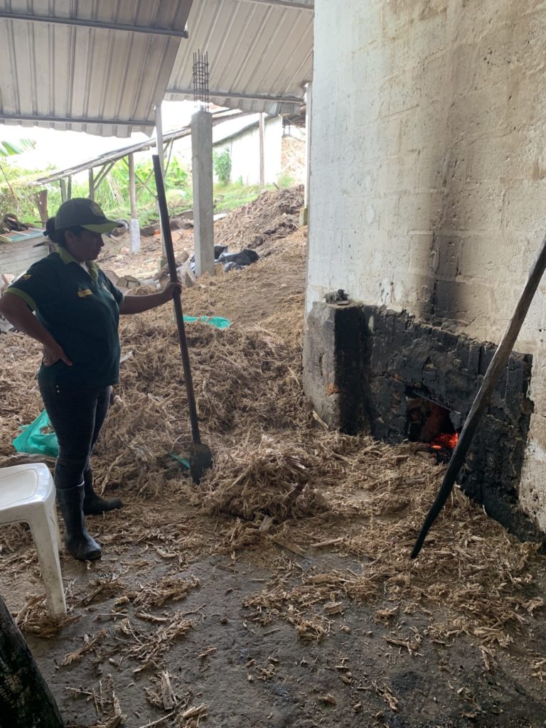 stoking the fire with sugarcane bark, a by-product of sugar making, to make panela