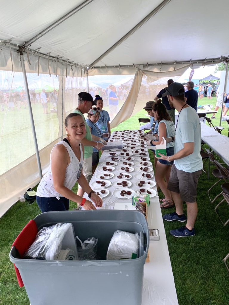 Setting up samples for Tavernier chocolate and beer pairing at the Vermont Brewers Festival