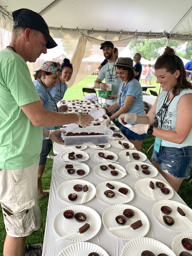 Setting up samples for Tavernier chocolate and beer pairing at the Vermont Brewers Festival