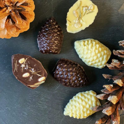 Dark chocolate and white chocolate pine cones with pine nuts, spruce needles and sea salt on a slate background with real pine cones for display.