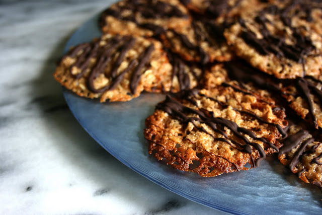 elegant chocolate drizzled lace cookies using Vermont chocolatier Tavernier Chocolates single origin drinking chocolate and house made creme de cacao