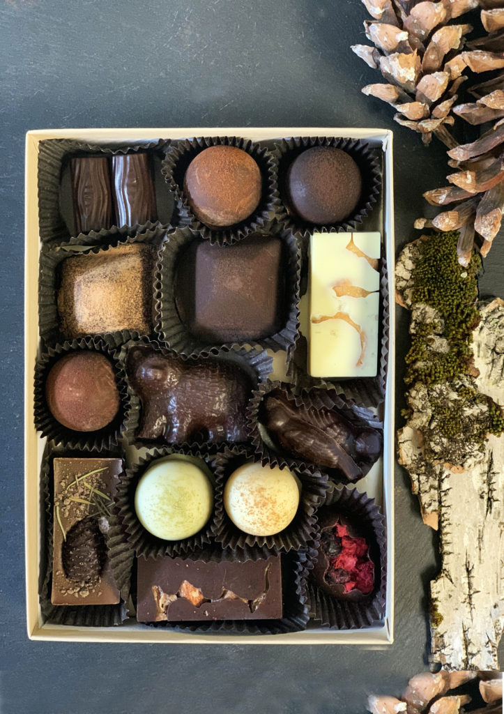 Overhead shot of Mountain Trail Bonbon Collection in box