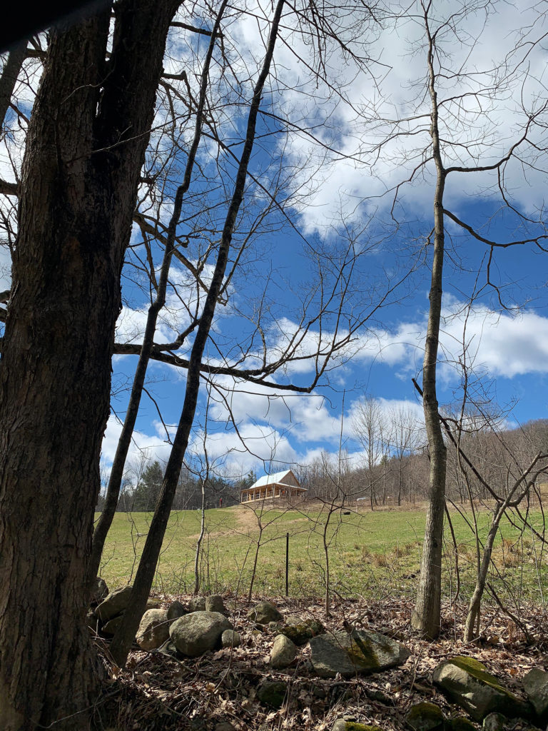 Faraway shot of wooden building. Shot is taken through the trees on a day with blue skies