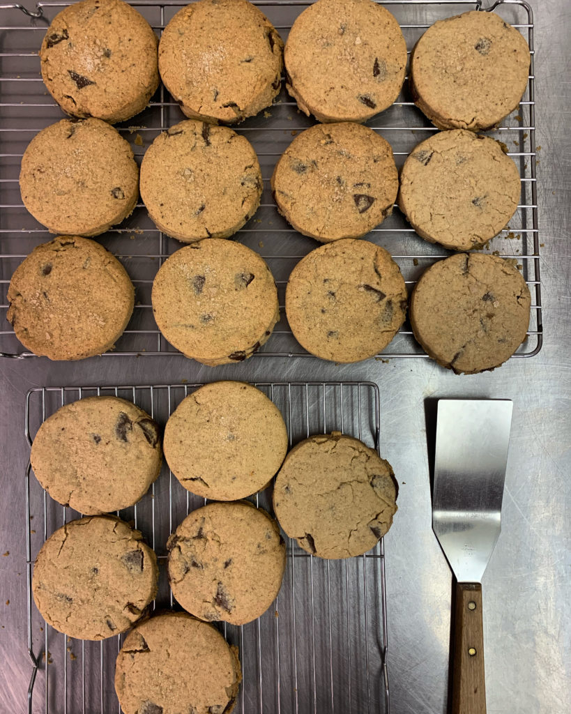 Salted chocolate chunk porcini rosemary shortbread on the cooling rack