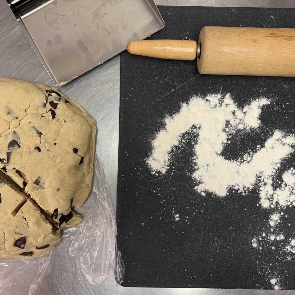 Salted chocolate chunk porcini rosemary shortbread ready to be rolled out. 