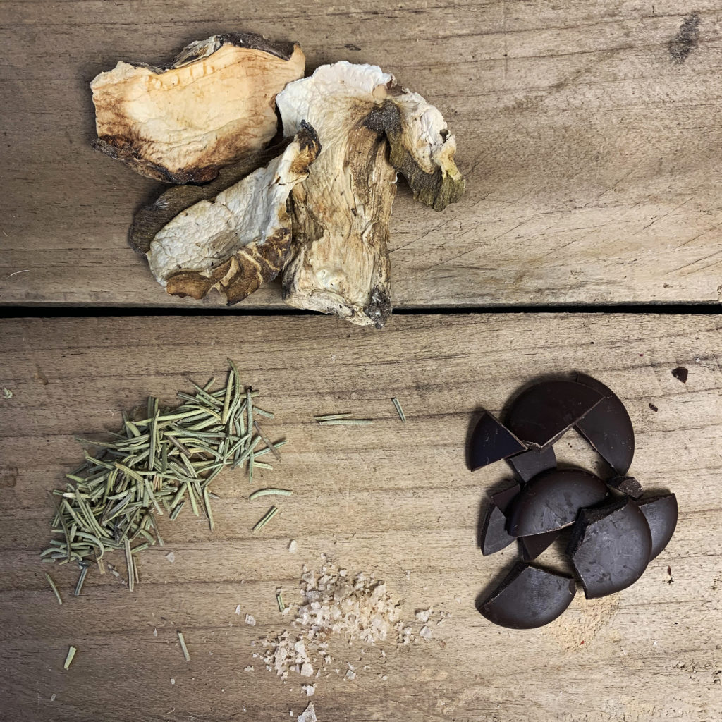 Porcini mushrooms, dark chocolate, pine needles, and sea salt. 