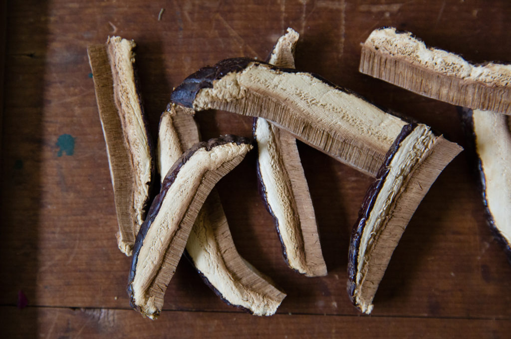 Sliced mushrooms on a dark wooden table