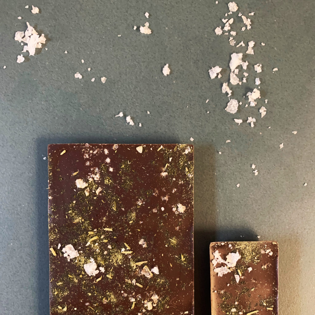 Overhead shot of a large rectangular chocolate bar and a small rectangular chocolate bar. Both bars are topped with spruce needles and sea salt