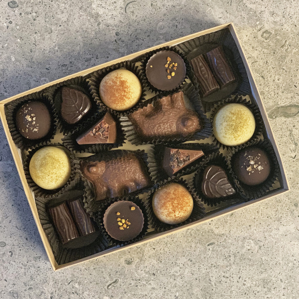 a box of chocolates with two pieces of each different shape and flavor, including bears, truffles, solid chocolates, maple filled logs.,