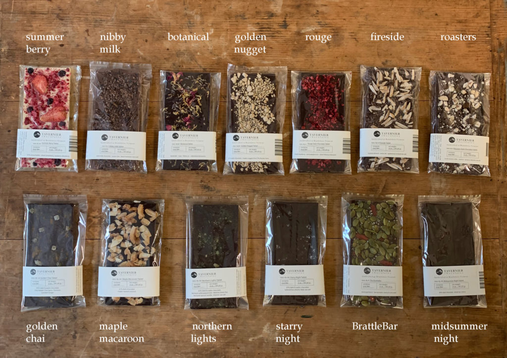Lineup of Tavernier Chocolates bar flavors labeled