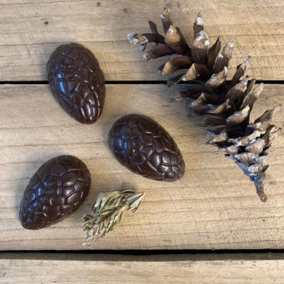 three dark chocolate pine cones on a barn board background with a pine cone and tiny pine branch