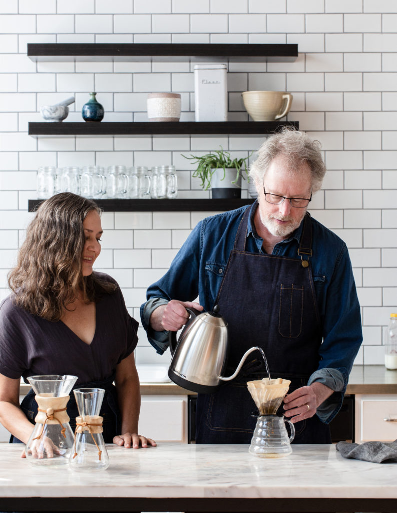 John and Dar of Tavernier Chocolates making a coffee pourer in the kitchen