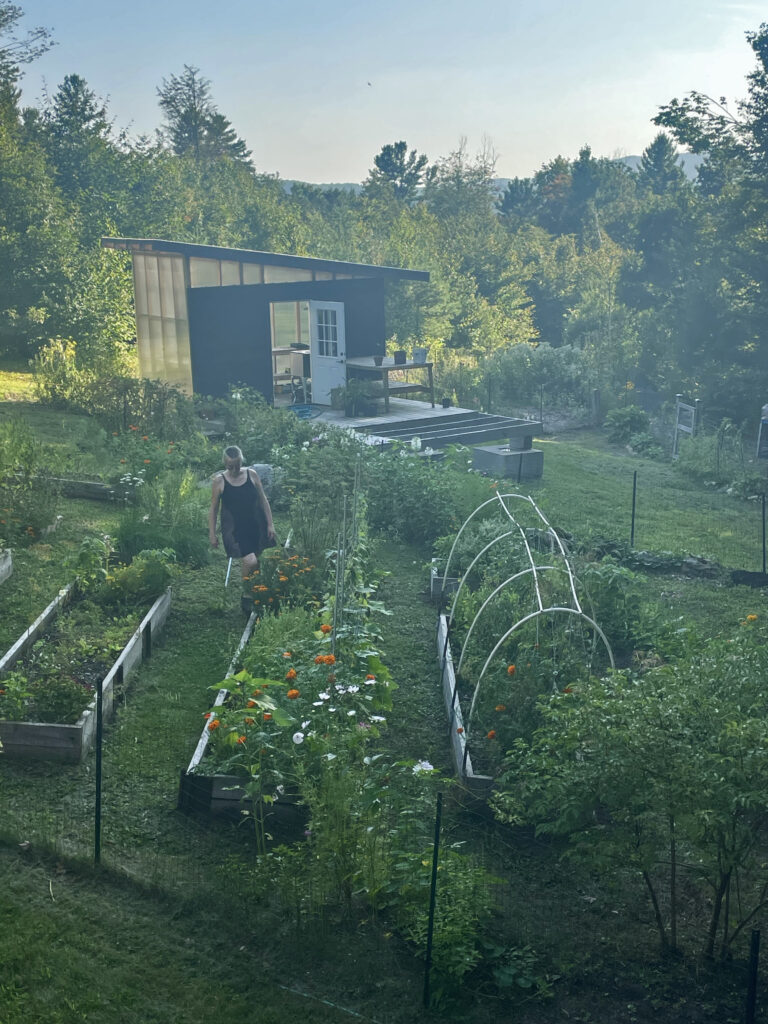 woman in beautiful green garden with raised beds of flowers and a hoop with a greenhouse in the background, soaked in sunlight